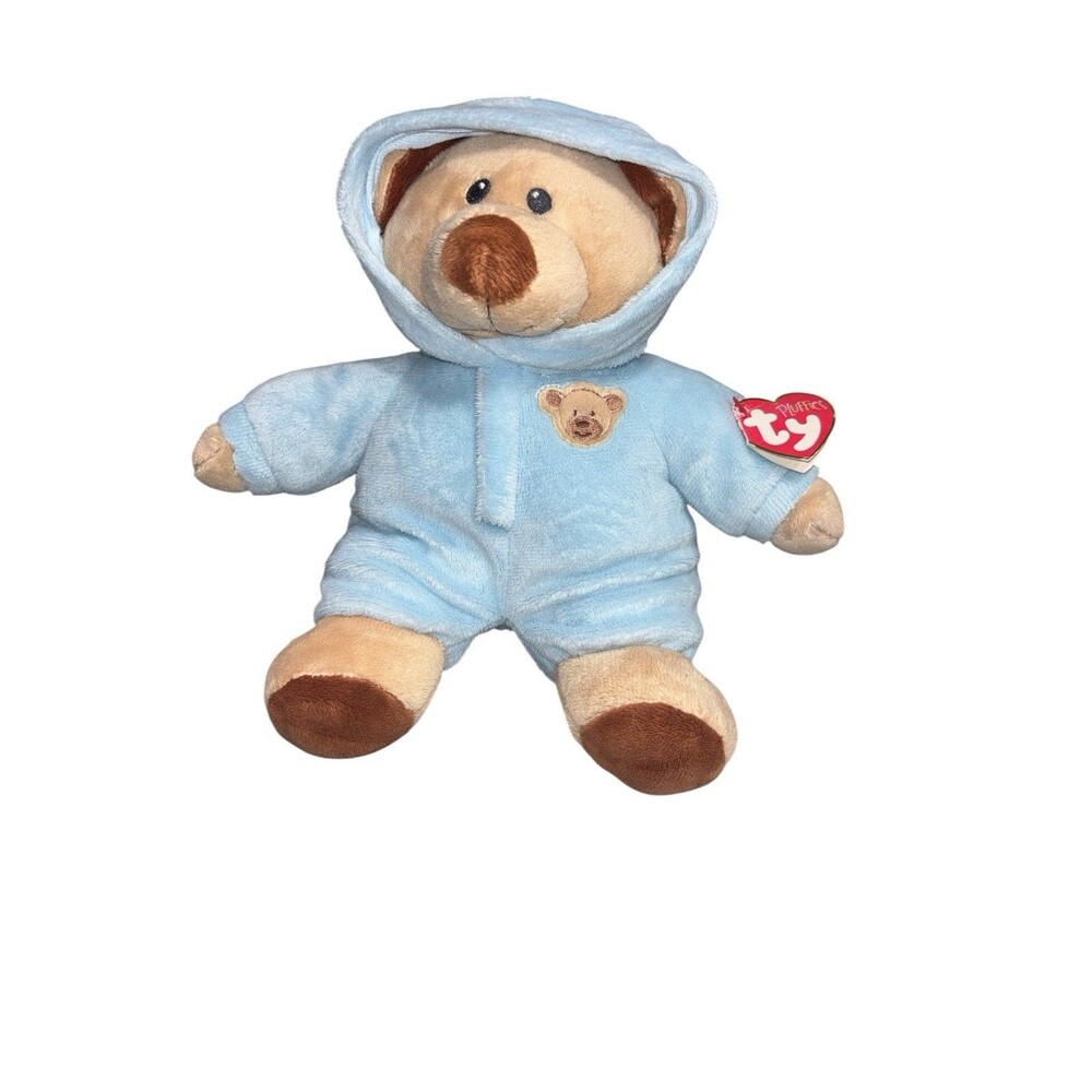 Ty Pluffies Baby Bear Blue Pjs Hoodie Toy Tylux Plush Lovey Brown Teddy Stuffed